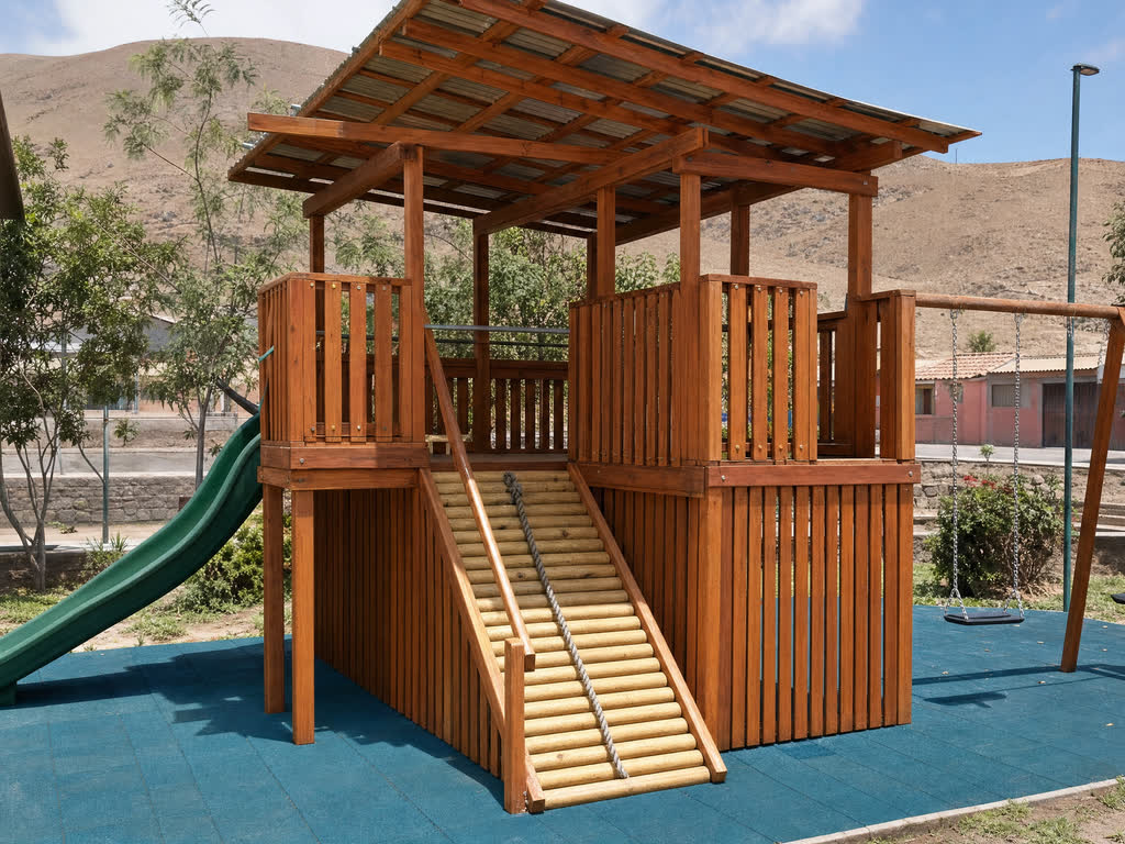 Juegos infantiles de madera en una plaza vecinal